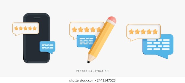 3D Phone with customer feedback and speech bubble message. Write comment on product. Positive user reviews. Satisfaction survey. Best rating. Set cartoon creative vector design icons isolated on white