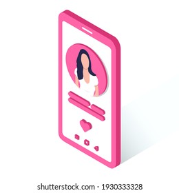 3d phone with dating app and girl's profile. Online dating concept. Vector illustration in isometric style. Isolated on the white background