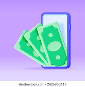 3D Phone with Dollar Banknotes on Screen Isolated. Render Smartphone Digital Wallet. Dollar Bills and Mobile Phone. Growth, Income, Savings, Investment, Deposit. Mobile Banking. Vector illustration.