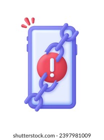 3D Phone and Error sign. System error, broken chain. Smartphone with exclamation sign. Emergency call. Warning error message pop up from the screen. Trendy vector in 3d style