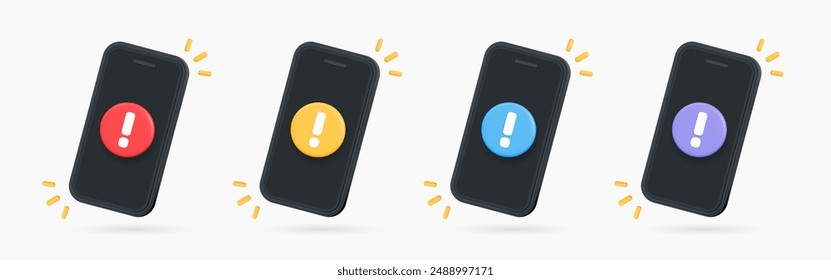 Teléfono 3D con exclamación. Smartphone con notificación importante. Spam en el correo electrónico. Error o problema del móvil. Mensaje de alerta. Señal de advertencia. Conjunto de iconos de diseño de dibujos animados. Ilustración vectorial 3D