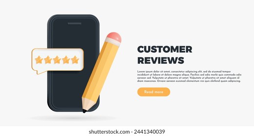 3D Phone with five star review rating and pencil. Write positive review online. Online service quality assessment. Customer feedback. Social media comment. Cartoon creative design vector illustration