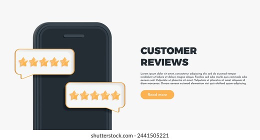 3D Phone with a five star review rating. Online service quality assessment. Customer product feedback. Social media comment. Positive rank. Cartoon creative design vector illustration for web banner