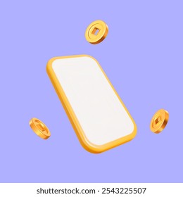 3d phone with flying Ancient old gold coins of China on lilac isolated background. Winner concept. Stock vector illustration.