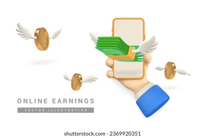 3D phone with flying green dollar stack and gold coins in cartoon style. Online earnings. Vector illustration.