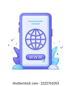 3D Phone and Globe hyperlink icon. Search WWW sign. Web hosting technology. Browser search website page. Trendy and modern vector in 3d style.