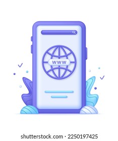3D Phone and Globe hyperlink icon. Search WWW sign. Web hosting technology. Browser search website page. Trendy and modern vector in 3d styl