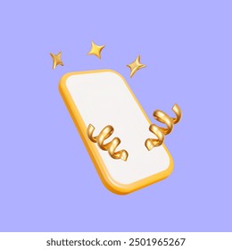 3d phone with gold confetti and stars on lilac isolated background. Winner concept. Stock vector illustration.