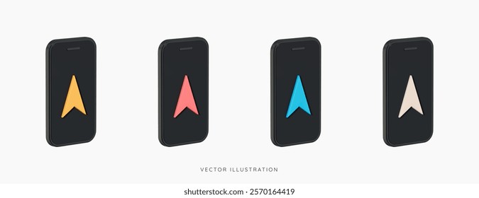 3D Phone with GPS mobile navigator icon set. Location tracking concept. Directional arrow on screen smartphone. Cartoon design icons isolated on white background. 3D Vector illustration