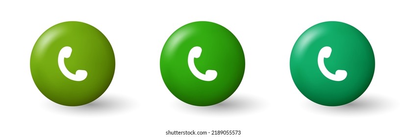 Teléfono 3d. Teléfono blanco con fondo verde. Botón de redondeo del teléfono. Vector clipart en el estilo del claymorfismo. Botones aislados en fondo blanco.