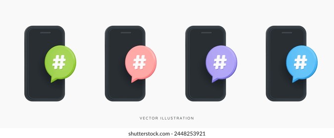 3D Phone with Hashtag in social media notification. Comments thread mention or user reply. Follow trending tag. Search link. Cartoon creative design set icon in pink, blue, purple and green. 3D Vector