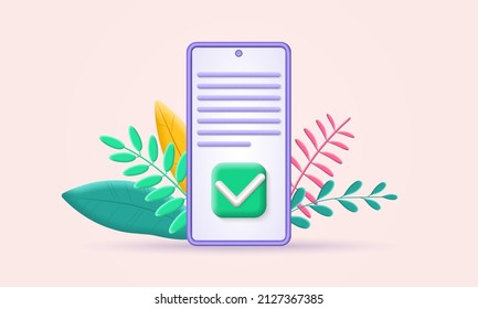 3d phone icon with document and check or tick mark on the smartphone screen. Yes buttons concept. Vector illustration.