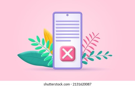 3d phone icon. Online agreement, document or contract on the smartphone screen with cross check mark. Wrong, rejection symbol. List, paper or document sign. Vector illustration.