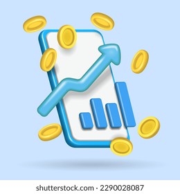 3d phone icon with profit chart and coin money, analytics, business and finance concept, stock market and web applications, cash and income. Vector illustration