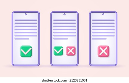 3d phone icon set. Online agreement, document or contract on the smartphone screen with check or tick marks and cross symbols, yes or no buttons. Vector illustration.