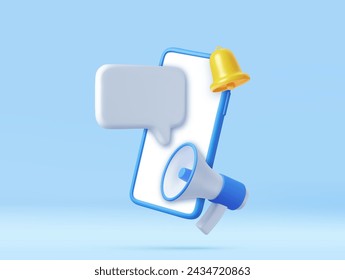 3D Phone with megaphone, loudspeaker and speech bubble. Bell notification. Marketing time concept. 3d rendering. Vector illustration