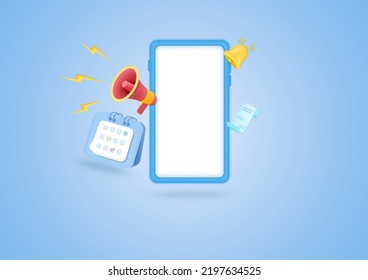 3d Phone with Megaphone, smartphone icons, calender, invoice, Business marketing concept. Cartoon icon isolated on pastel background. vector illustration.