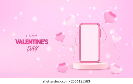 3d Phone mock up empty screen on podium with pink hearts baloon background. Greeting card Valentine's Day, wedding, anniversary, sale cosmetic. Love social media vector.