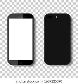 3d phone mock up isolated on transparent background.Black smartphone mock up in modern style.Device with white blank screen.8,7,6 mobile in front and behind.Realistic cellphone display for app.Vector.