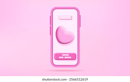 3d Phone on pink background with icon heart and messages. Cartoon smartphone with white screen. Display message for valentine's day, date, letter, social media. Vector love isolated cellphone.