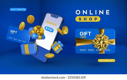 3D phone online shop. Sale of smartphone. Credit card Voucher business design. Bonus gift. Mobile store promotion. Render present box. Money coins. Ecommerce banner template. Vector exact background