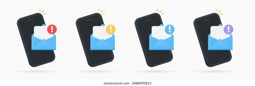 Teléfono 3D con carta abierta en sobre y signo de exclamación. Error al entregar el mensaje al correo electrónico. Correo basura. Importante sms a smartphone. Nueva notificación. Conjunto de iconos de diseño de dibujos animados. Ilustración vectorial 3D