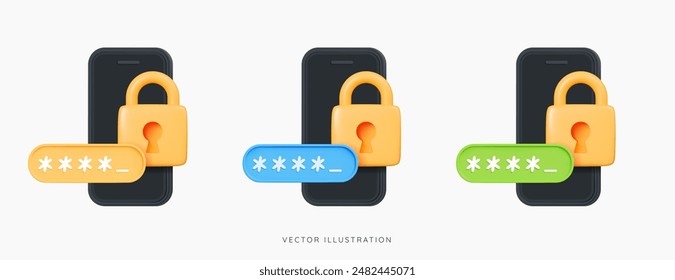 Teléfono 3D con candado y Contraseña. Cerradura dorada y entrada de código pin. Seguridad y protección. Concepto de privacidad cibernética Diseño de conjunto de iconos creativos de dibujos animados para Web y App aislados sobre fondo blanco. Vector 3D