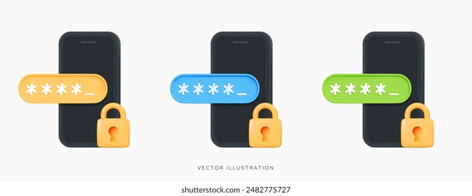 3D Phone with padlock and password. Golden Lock and pin code entry. Security and safety. Cyber Privacy concept. Cartoon creative icon set design for web and app isolated on white background. 3D Vector