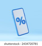 3D Phone with percentage on screen. Online shopping discount concept. Smartphone with sale. Store special offers advertisement. 3d rendering. Vector illustration