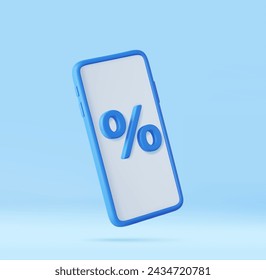 3D Phone with percentage on screen. Online shopping discount concept. Smartphone with sale. Store special offers advertisement. 3d rendering. Vector illustration