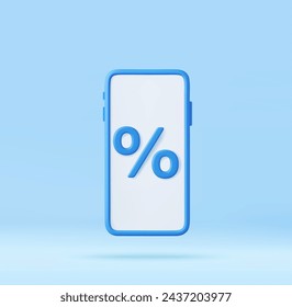 3D Phone with percentage on screen. Online shopping discount concept. Smartphone with sale. Store special offers advertisement. 3d rendering. Vector illustration