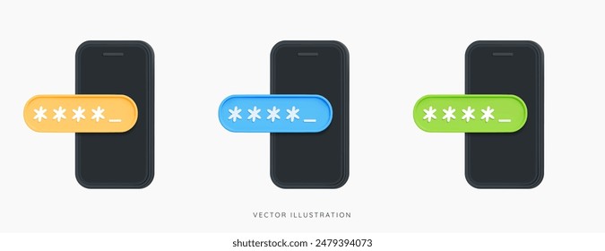 3D Phone with pin code icon set. Two step authentication. Personal data security. Verification number code. Unlock password. Enter otp. Cartoon creative design objects. 3D Vector illustration 