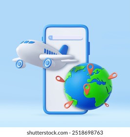 3d telefone, planeta, ponteiro, avião. viajar o conceito mundial. projeto de férias, voos de avião. Visitar lugares interessantes. renderização 3d. Ilustração vetorial