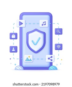 3D Phone protection illustration. Antivirus concept. Cyber security. Updating devices. File Transfer. Protecting data and confidentiality. Modern vector in 3d style.