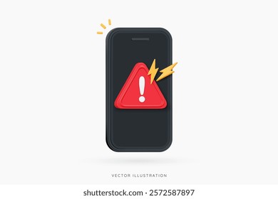 3D Phone and red danger warning triangle with exclamation mark. New important message. Mobile error or problem. Alert notice. Cartoon design icon isolated on white. 3D Vector illustration