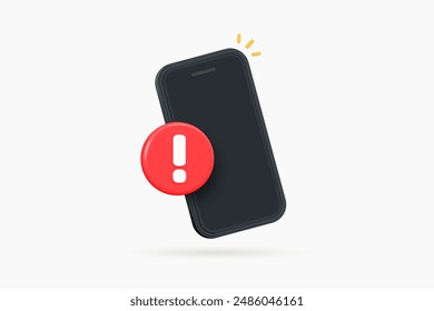 3D Phone with red exclamation mark. Smartphone with important notification. Spam in email. Mobile error or problem. Alert message. Warning sign. Cartoon design icon. 3D Vector illustration