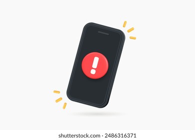 3D Phone with red exclamation mark. Smartphone with important notification. Spam in email. Mobile error or problem. Alert message. Warning sign. Cartoon design icon. 3D Vector illustration