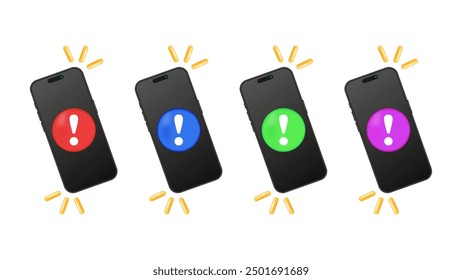 Teléfono 3D con signo de exclamación rojo - Advertencia de teléfono inteligente, mensaje importante y alerta icono de signo de notificación. Vector.