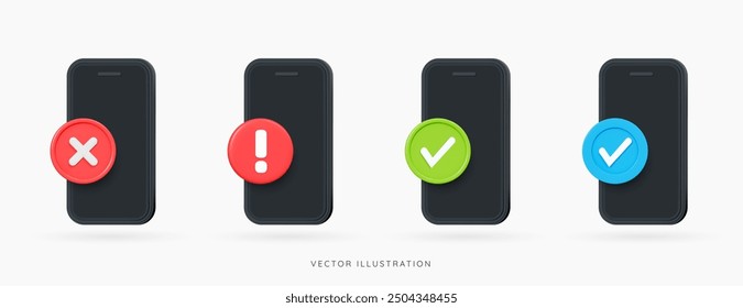 Teléfono 3D con signo de exclamación rojo y cruz, verde y azul tick icono conjunto. Smartphone con notificación importante. Mensaje de alerta. Acepta y aprueba. Iconos de diseño de dibujos animados. Ilustración vectorial 3D