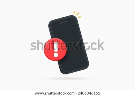 3D Phone with red exclamation mark. Smartphone with important notification. Spam in email. Mobile error or problem. Alert message. Warning sign. Cartoon design icon. 3D Vector illustration