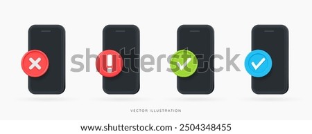 3D Phone with red exclamation mark and cross, green and blue tick icon set. Smartphone with important notification. Alert message. Accept and approve. Cartoon design icons. 3D Vector illustration