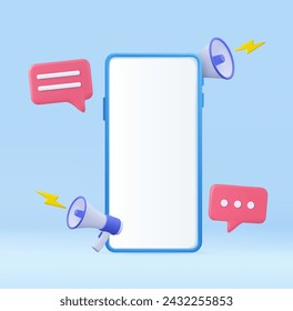 3d Phone screen and loudspeaker with speech bubble, megaphone with lightning, advertising and notification. Mock up display copy space. 3d rendering. Vector illustration