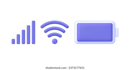 3D Phone system icons. Wifi, signal strength, battery charge level. Trendy and modern vector in 3d style.