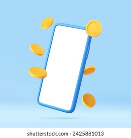 3d Phone with a white screen around which gold coins fly, online shopping. Winner concept. Mobile Online Payment and Transfer. Finance, Investment, Money Saving. 3d rendering. Vector illustration