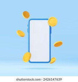 3d Phone with a white screen around which gold coins fly, online shopping. Winner concept. Mobile Online Payment and Transfer. Finance, Investment, Money Saving. 3d rendering. Vector illustration