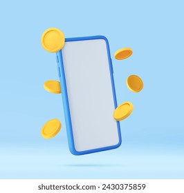 3d Phone with a white screen around which gold coins fly, online shopping. Winner concept. Mobile Online Payment and Transfer. Finance, Investment, Money Saving. 3d rendering. Vector illustration