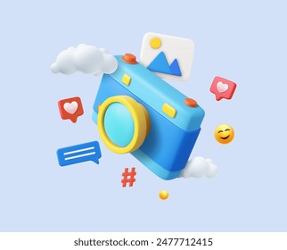 3d photo camera icon and frame social media. snapshot camera, Marketing in social network concept. photo icon concept. 3d rendering. Vector illustration 