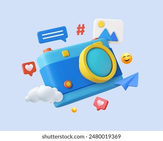 3d photo camera icon and frame social media. snapshot camera, Marketing in social network concept. photo icon concept. 3d rendering. Vector illustration