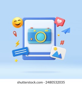 3d photo camera icon and frame social media. snapshot camera, Marketing in social network concept. photo icon concept. 3d rendering. Vector illustration