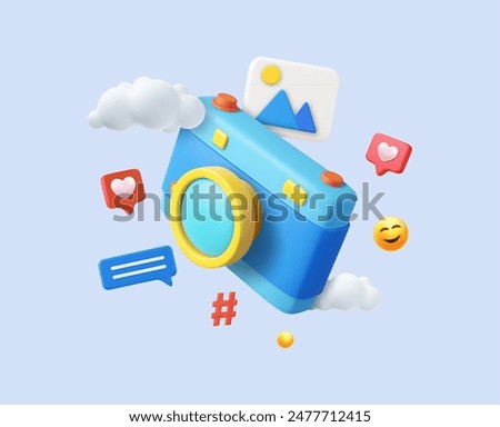 3d photo camera icon and frame social media. snapshot camera, Marketing in social network concept. photo icon concept. 3d rendering. Vector illustration 